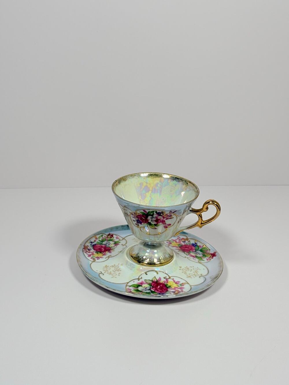 Vintage Japanese Lusterware/ Iridescent Footed Teacup And Saucer